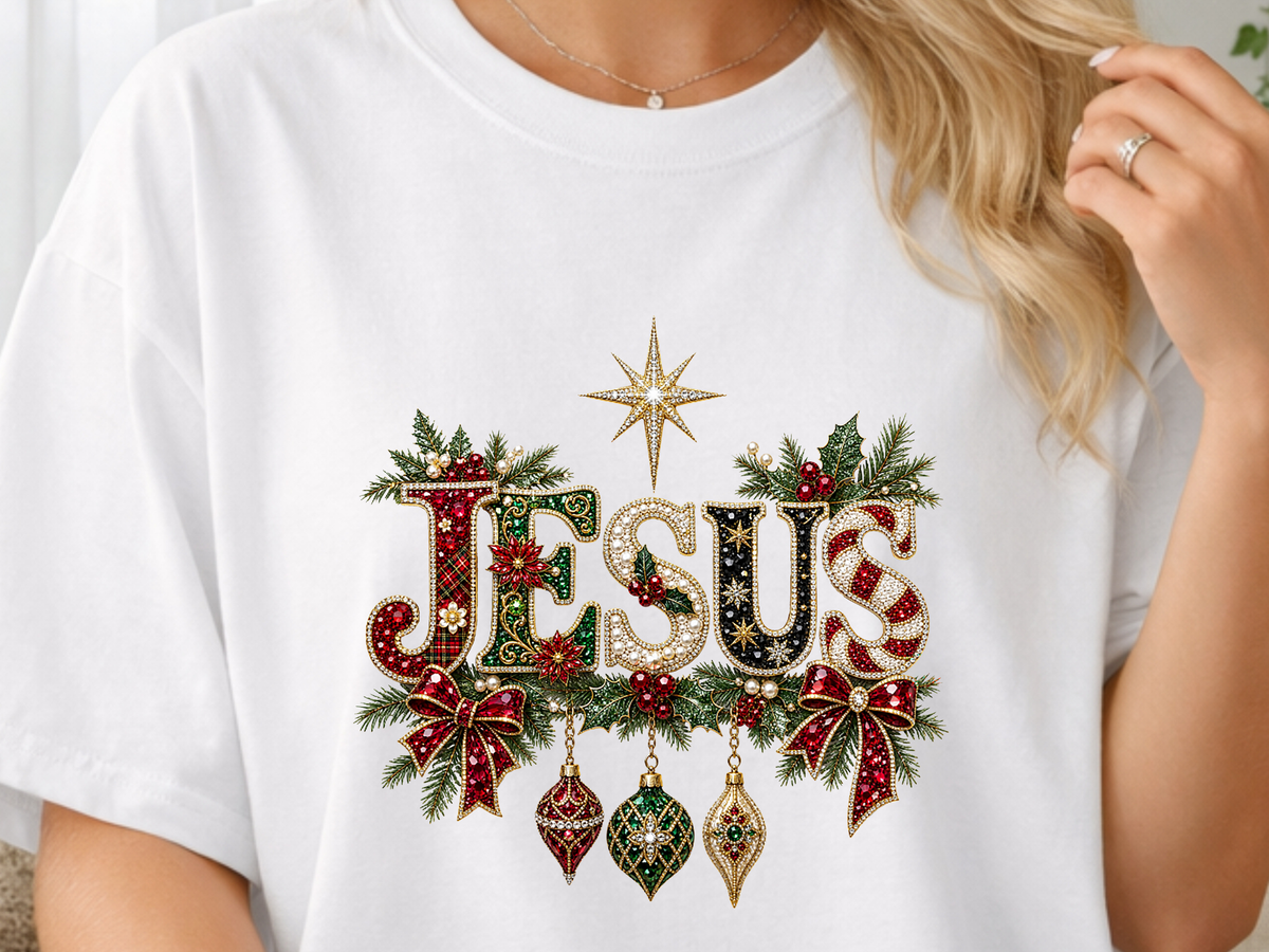 Jesus Christmas DTF Transfer with Faux Rhinestones and Pearl Details - Youth/Adult Direct To Film Transfer