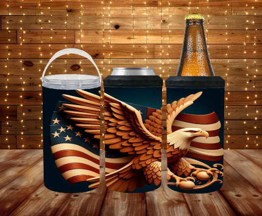 American Eagle With Flag Wood Carved  4 in 1 Can Cooler