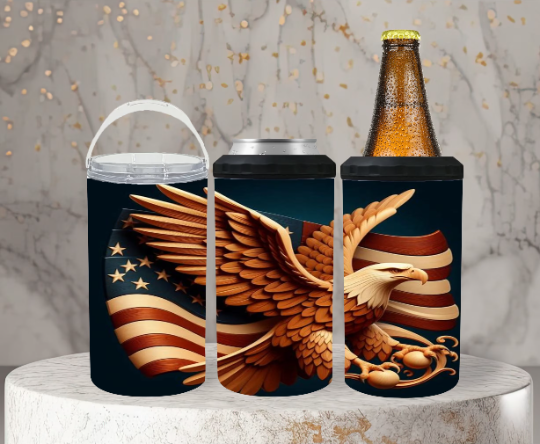 American Eagle With Flag Wood Carved  4 in 1 Can Cooler