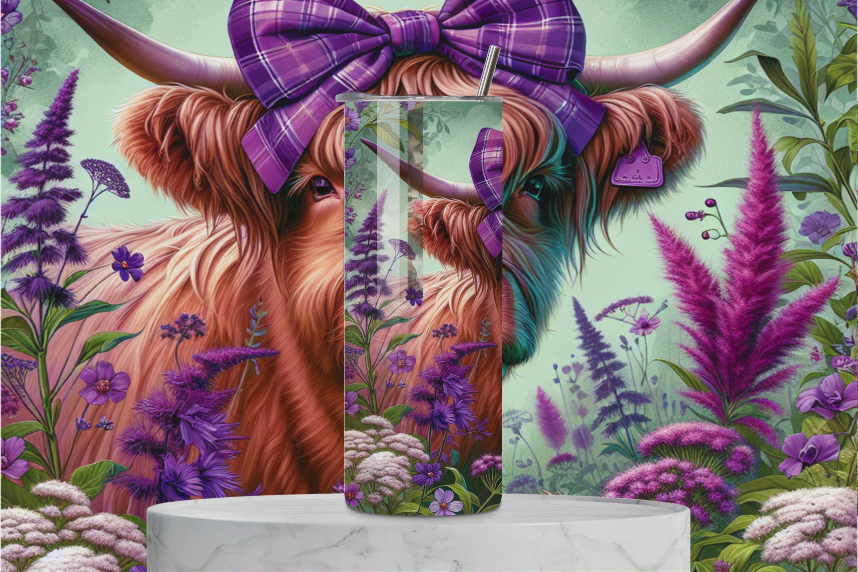 Highland Cow Purple Wildflower 2 Tumbler