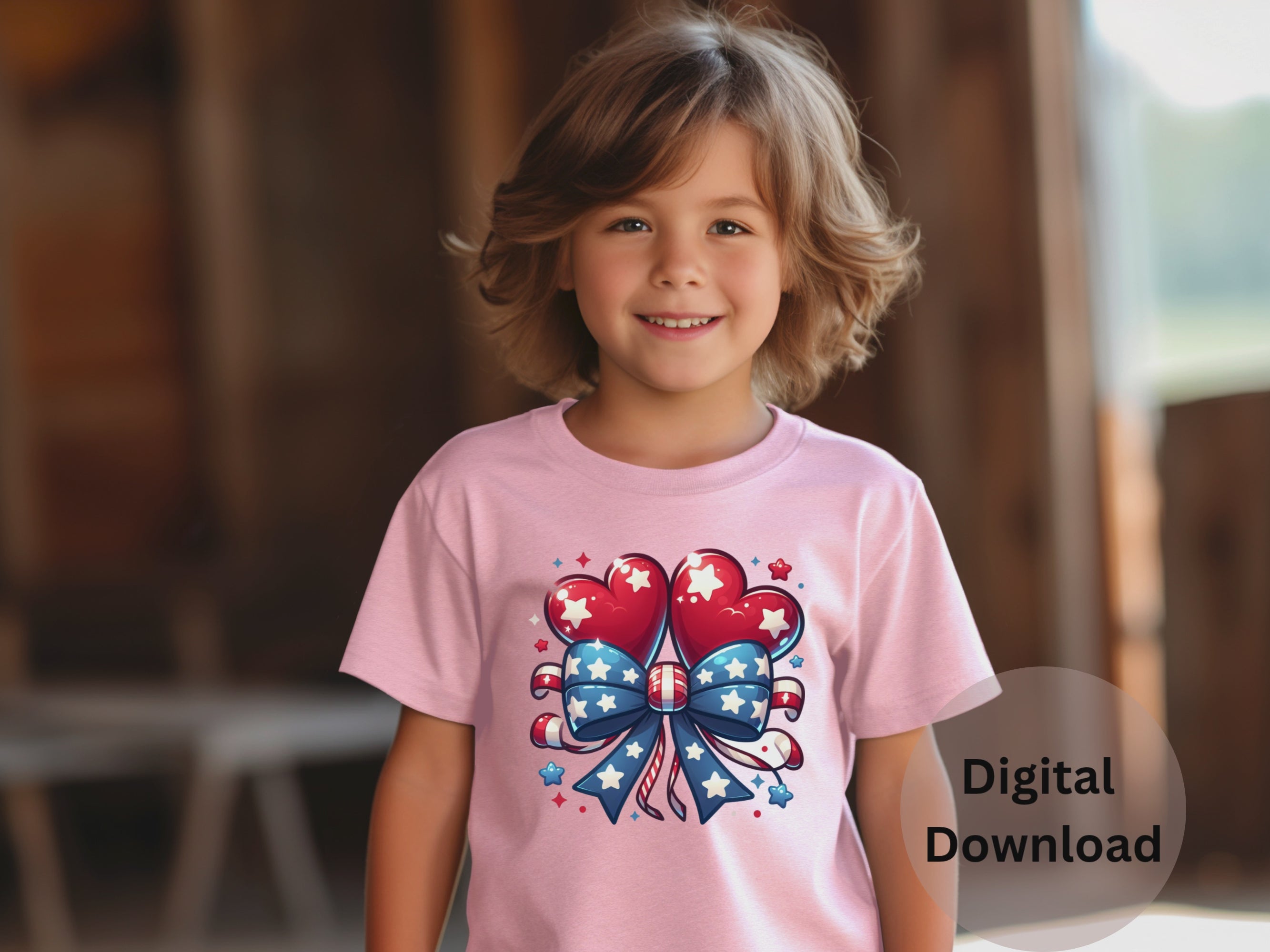 Patriotic Hearts Balloon With Bow - PNG Digital Download