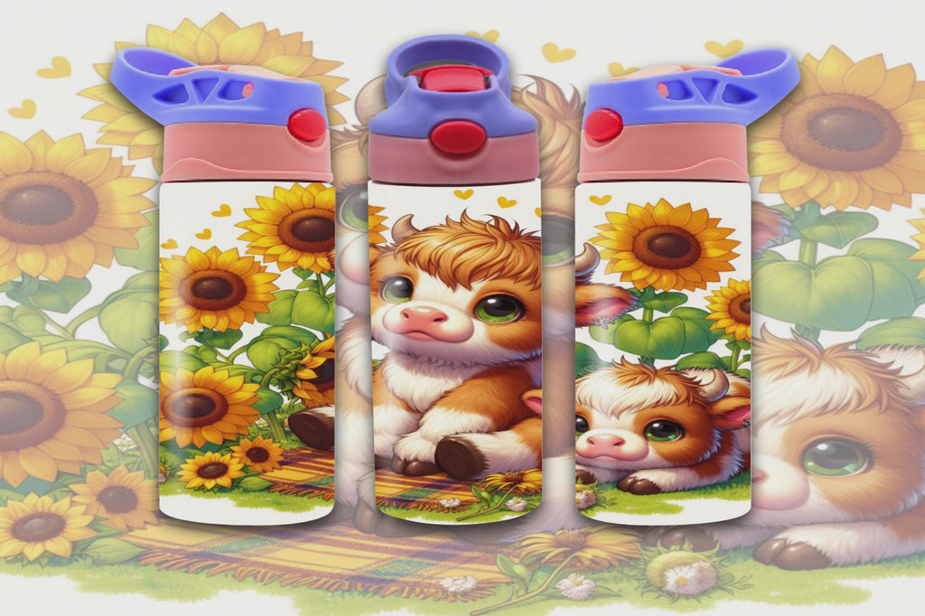 Highland Cow Spring Sunflowers 12oz - Kids Sippy Digital Download